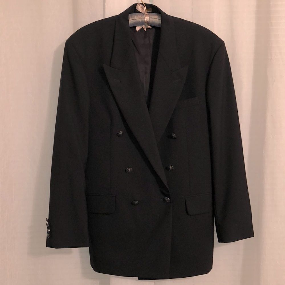 Lana Moda 40 R Wool Black Classic Double Breasted Jacket with a Notched Collar